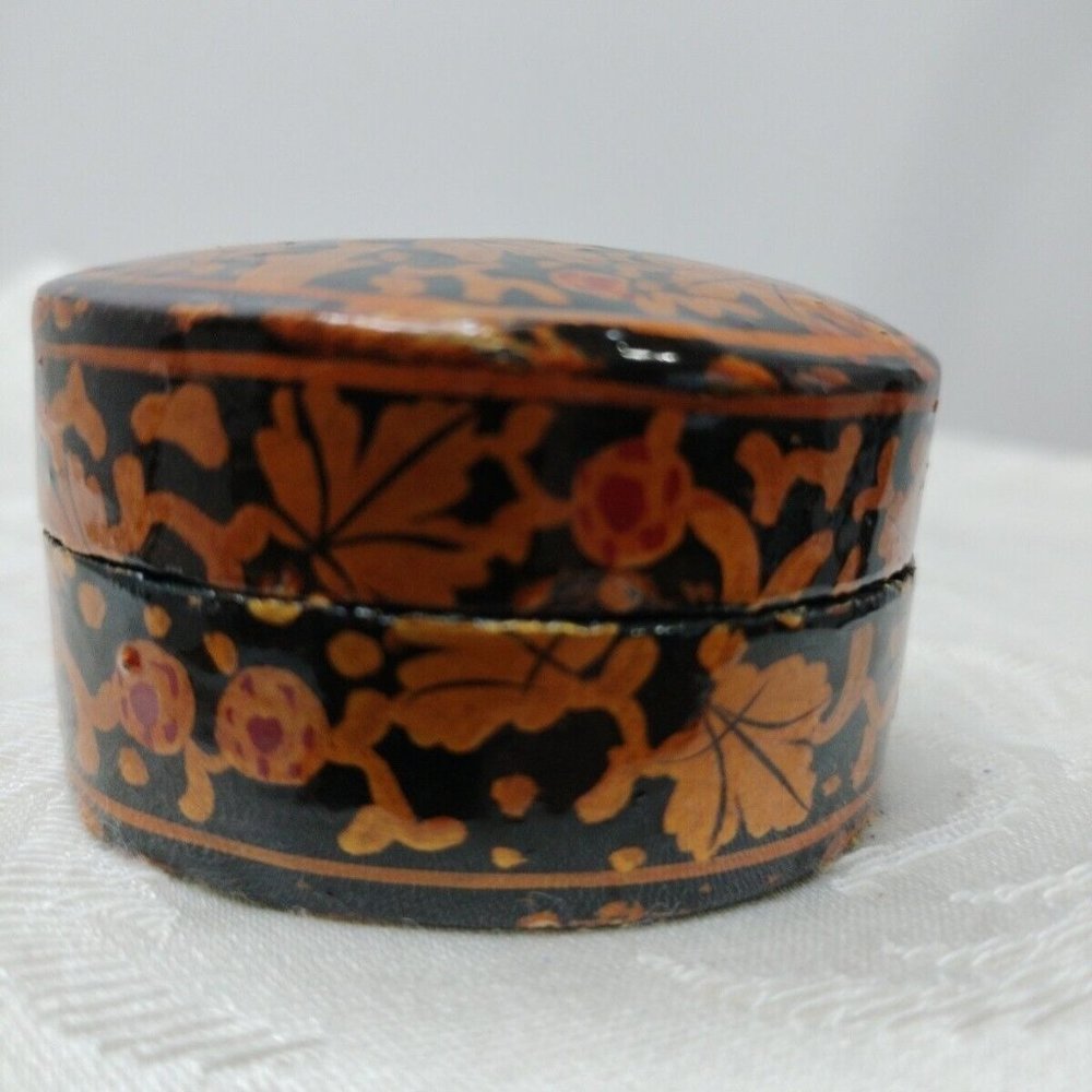 Indian Kashmir Laquered Floral Hand AintedTrinket Box 2"1/4 X 1"1/2 Made Wood Pa